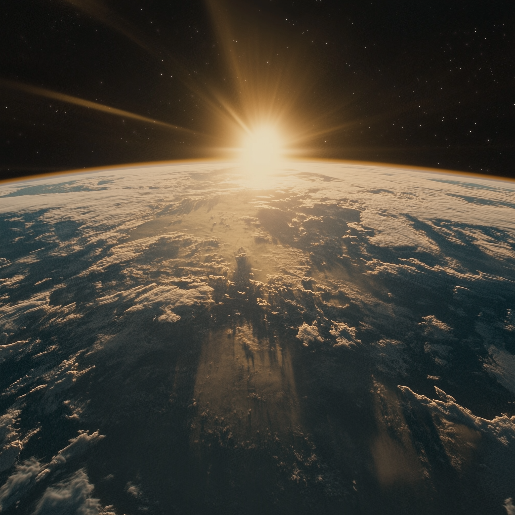 Looking down at the Earth from space at the first light of dawn, symbolizing the moment of choice for a new, collaborative future.